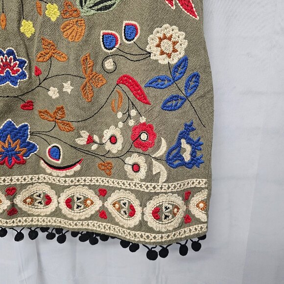 Island Girl Olive Green Red Embroidered Bird Print Mini Skirt Boho M - Picture 5 of 12